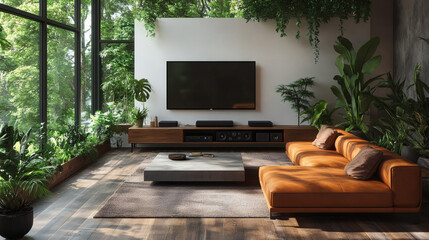 Fototapeta premium A blank TV screen in a modern office lounge with comfortable sofas, green plants, and a coffee table, for business or corporate videos 