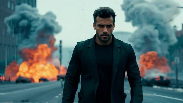 Action shot with brave man walking leaving fire and explosions behind his back. Dynamic scene in action movie blockbuster style