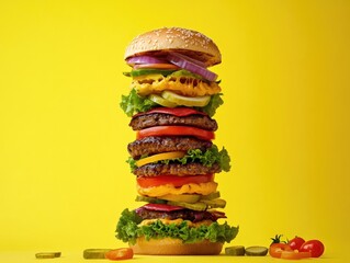 Hamburgers on yellow background
