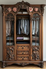 Ornate antique wardrobe, clothes neatly stored.