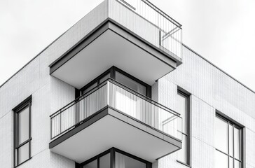 Modern architectural design featuring a contemporary building with sleek balconies and symmetrical lines, showcasing minimalist aesthetics and urban elegance.