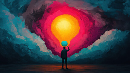 Fototapeta premium Bipolar Disorder, A vibrant image of a figure holding a glowing mint balloon, showcasing an enchanting atmosphere in high fidelity.