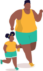 Overweight Black Father And Little Daughter In Activewear Jogging Together.