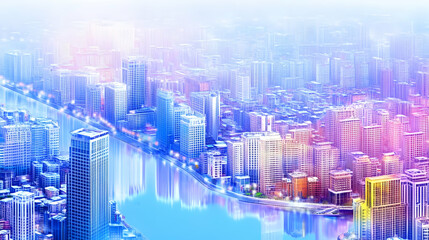 Obraz premium Modern Cityscape Reflects in the River with Vibrant Colors and Futuristic Design Elements.