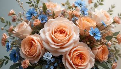 Fototapeta premium Peach Roses with Blue Flowers in a Bright Arrangement, Creating a Vibrant and Lush Floral Display