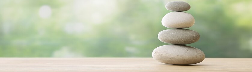 Fototapeta premium Embracing Wellness: Mindfulness and Resilience in Daily Life, Stacked stones symbolize balance and tranquility against a soft green background.