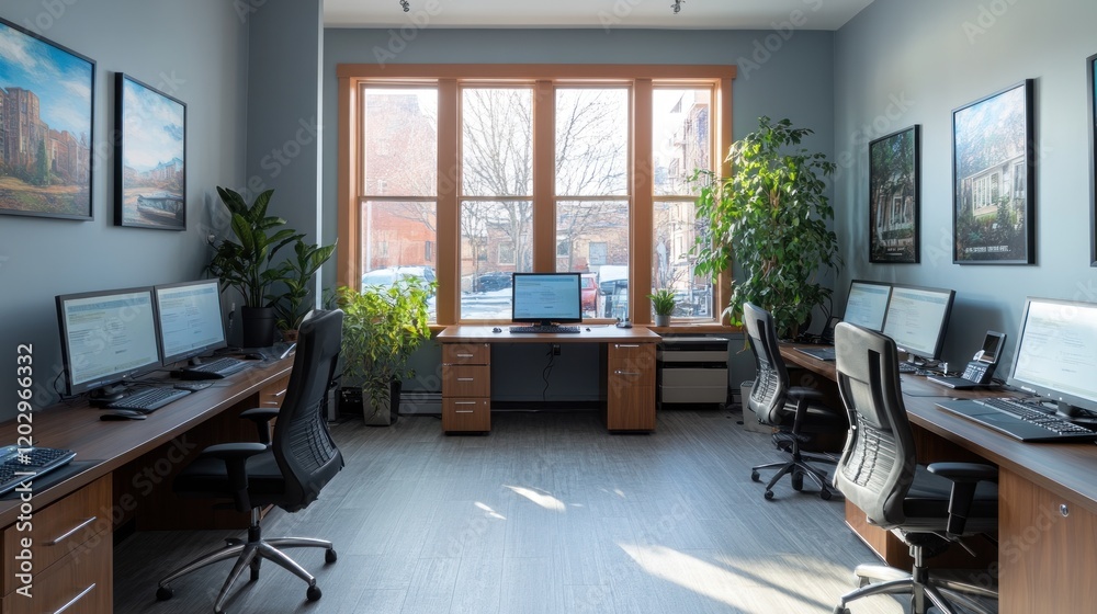 Aufkleber Modern Office Workspace With Multiple Computers And Plants