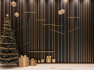 Obraz premium Christmas Interior Design Shows Festive Decor with a Christmas Tree and Gifts Elegantly Displayed