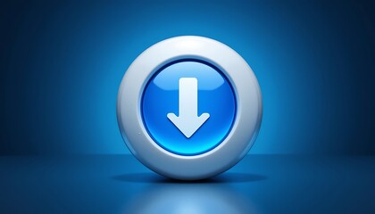 Glossy Blue Download Button with White Arrow on a Vibrant Blue Background, Symbolizing Digital File Transfer