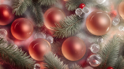 Festive Christmas Scene: Red Ornaments and Pine Branches Frozen Beautifully on a Frosty Surface
