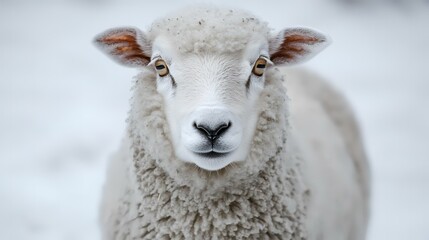 Obraz premium White Sheep Winter Portrait, Snowy Field Background, Farm Animal