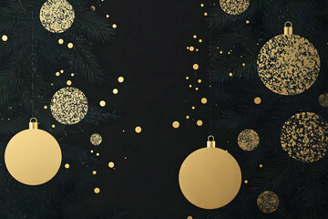 Golden Christmas Ornaments Hanging on Dark Green Pine Branches with Gold Confetti Elegantly Decorating a Festive Background.