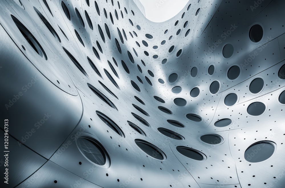 Poster modern architectural design featuring abstract shape with curved surfaces and punctuated holes in a 