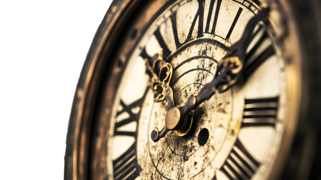 Detail of antique wall clock on transparent background. isolated background.