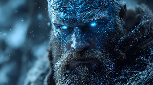 Frozen warrior with glowing blue eyes in snowy landscape.