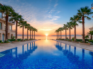 Fototapeta premium Sunrise Reflects in a Tranquil Infinity Pool Lined with Palm Trees at a Luxurious Resort