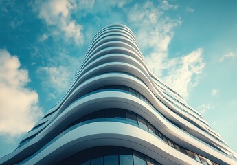 Modern Architectural Design Featuring Curved Facade of a High-Rise Building Against a Blue Sky with Soft Clouds in a Contemporary Urban Setting