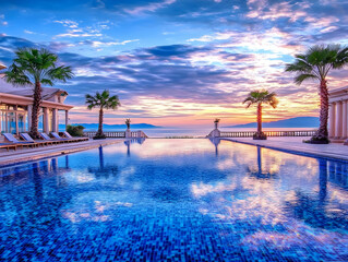 Fototapeta premium Luxury infinity pool reflects the vibrant sunset over tranquil ocean waters at a tropical resort.