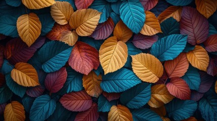 Fototapeta premium A stunning fall design showcasing vibrant red, bright orange, and soft gold leaves arranged on a slate texture in a gradient of deep aubergine and mauve