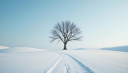 Lone Leafless Tree in Snowy Expanse with Winding Tracks Leading Through Pristine Winter Landscape
