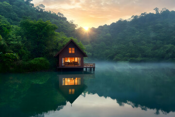 Fototapeta premium Wooden Cabin Reflects in a Serene Lake at Sunrise amidst Lush Green Hills