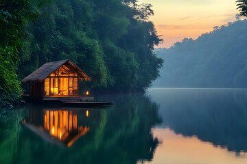 Obraz premium Floating Bungalow Glows on Calm Lake at Sunset Reflected Beautifully in Still Water with Lush Green Forest