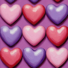 Obraz premium Digital painting of pastel pink and lavender hearts on purple background, creating romantic and cheerful pattern