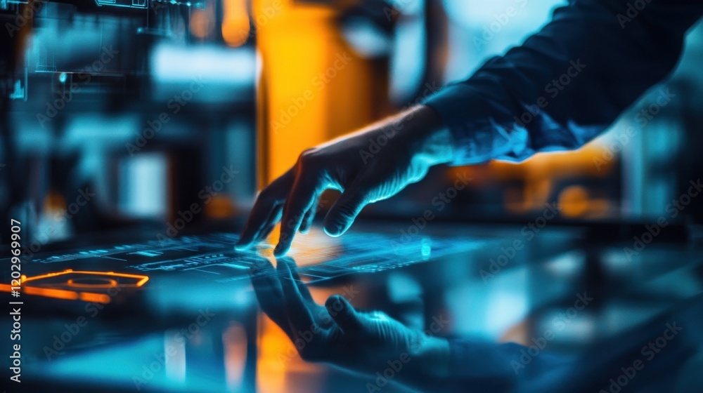 Poster hand interacting with futuristic interface technology