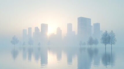 Obraz premium Foggy sunrise over flooded city, trees reflecting, climate change impact
