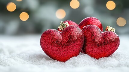 Fototapeta premium Red heart ornaments in snow with festive bokeh background