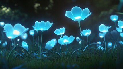 Obraz premium Glowing Blue Flowers Illuminate Night Field