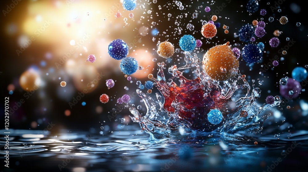Aufkleber Dynamic splash of conscious particles in water abstract art scene colorful elements close-up conceptual visuals