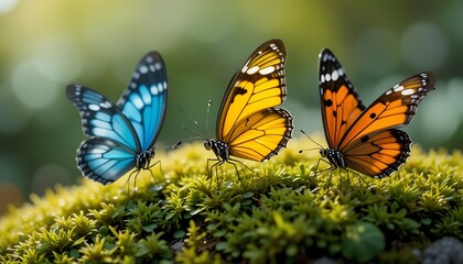 Naklejka premium Three Vibrant Butterflies on Lush Green Moss in a Sunlit Natural Setting