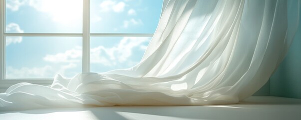 Sheer curtains billow, sunlight streams, blue sky backdrop, serene room, home decor