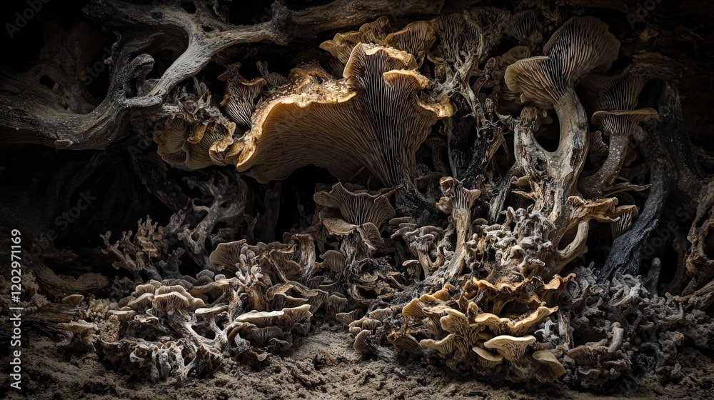 Aufkleber Fungi growth event in a mysterious forest nature photography intricate structures close-up view unique ecosystem