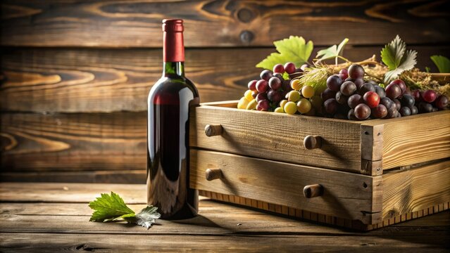 Close-up of a wine label on an old wooden crate, highlighting the winemaker's name and vintage date, vintage, label design