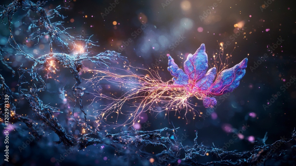 Poster Glowing nerve fibers in motion digital art abstract environment close-up view concept of neural activity