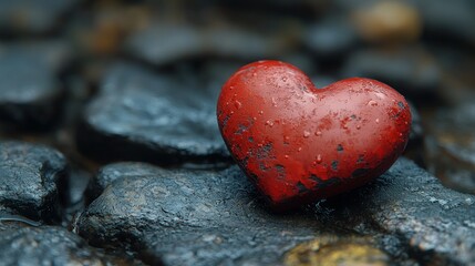 Obraz premium Red heart on wet rocks, rainy day