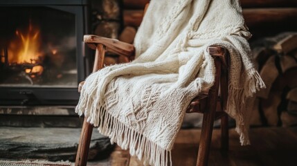 Cozy Knit Blanket Draped Over Wooden Chair By Fireplace