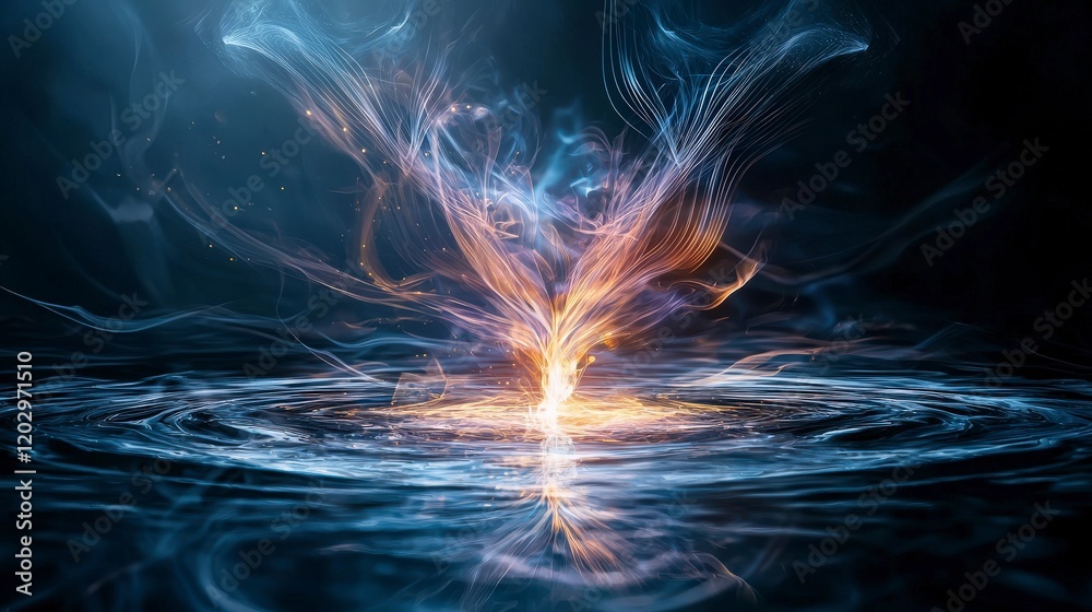 Poster dancing waves of light create vibrant sound representation in a mystical water environment