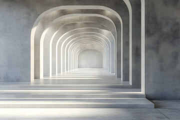 Fototapeta premium Modern Concrete Archway Corridor with Steps and Soft Lighting creates a Dramatic Perspective