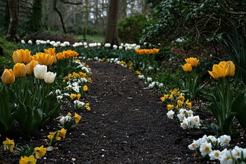 Obraz premium Spring pathway of tulips and daffodils garden scenic view serene environment nature's glow