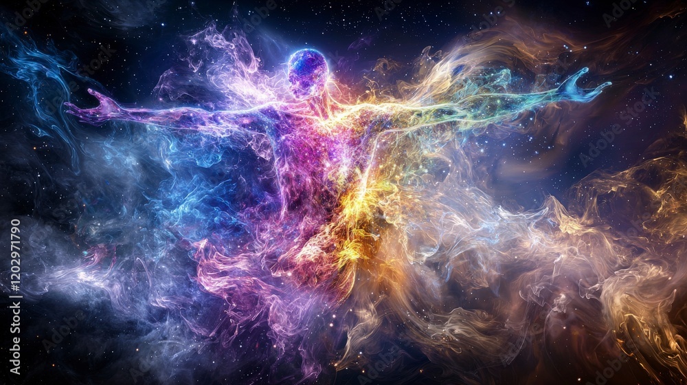 Poster cosmic human beings emanate energy in a celestial realm abstract art digital creation space vibrant 