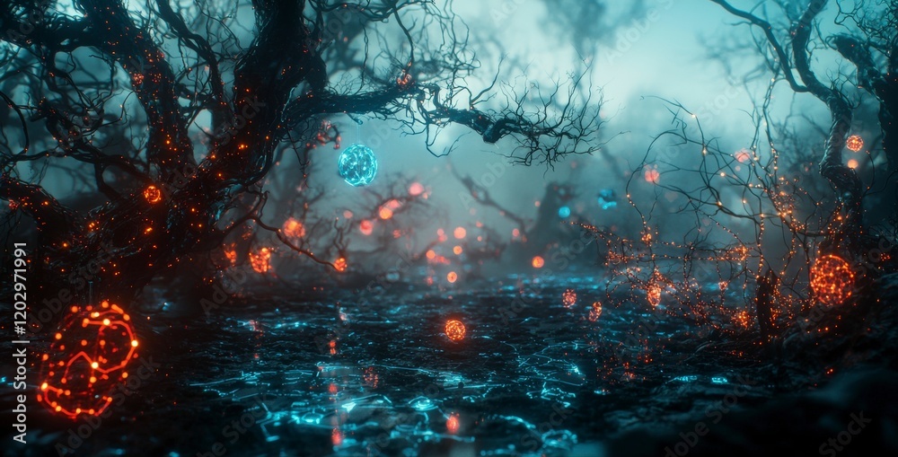 Poster artistic perspective on hyperconnected nature a glowing digital forest interwoven with light and eni
