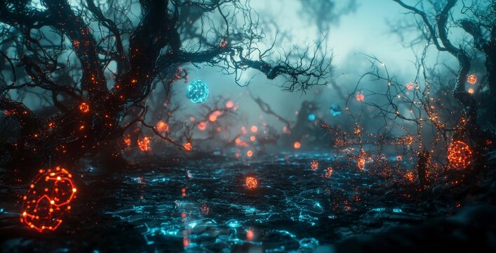 Artistic perspective on hyperconnected nature a glowing digital forest interwoven with light and enigmatic connections