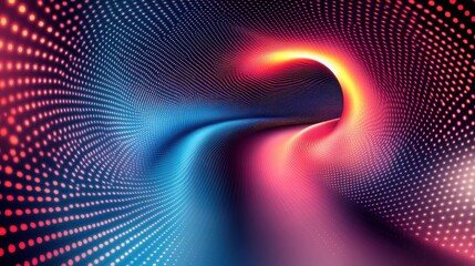 A vibrant logo design featuring a spiral circle made up of dotted red and yellow squares. The geometric swirl radiates outward with a smooth gradient transition