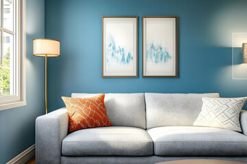 Modern Living Room with White Sofa and Blue Walls Features Abstract Art and Floor Lamp