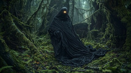 Cloaked figure in an enchanted forest a mystic environment with intriguing fantasy elements and low angle perspective