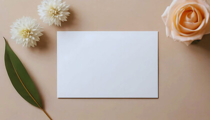 White blank invitation card mockup on the beige table. 5x7 ratio, similar to A6, A5