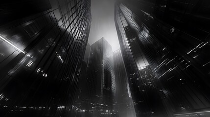 Striking monochrome image of towering skyscrapers with capturing the essence of a modern city at night.